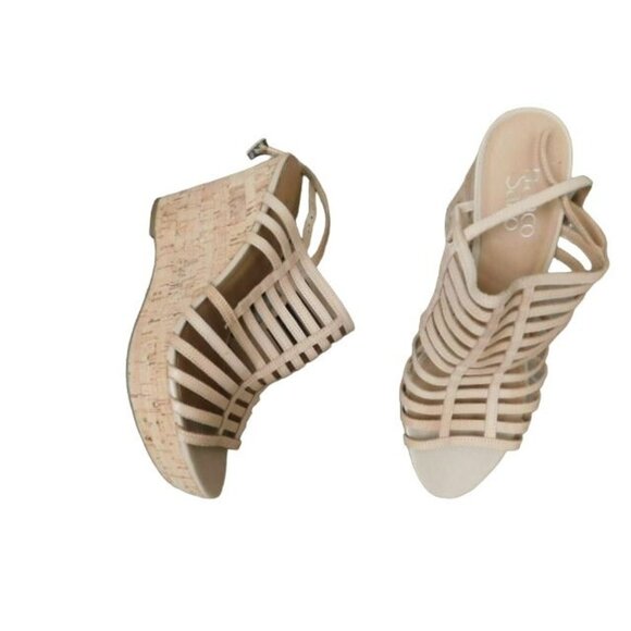 Franco Sarto Size 9.5 Tan Strappy Wedge Slingback Heels Shoes - Picture 1 of 3
